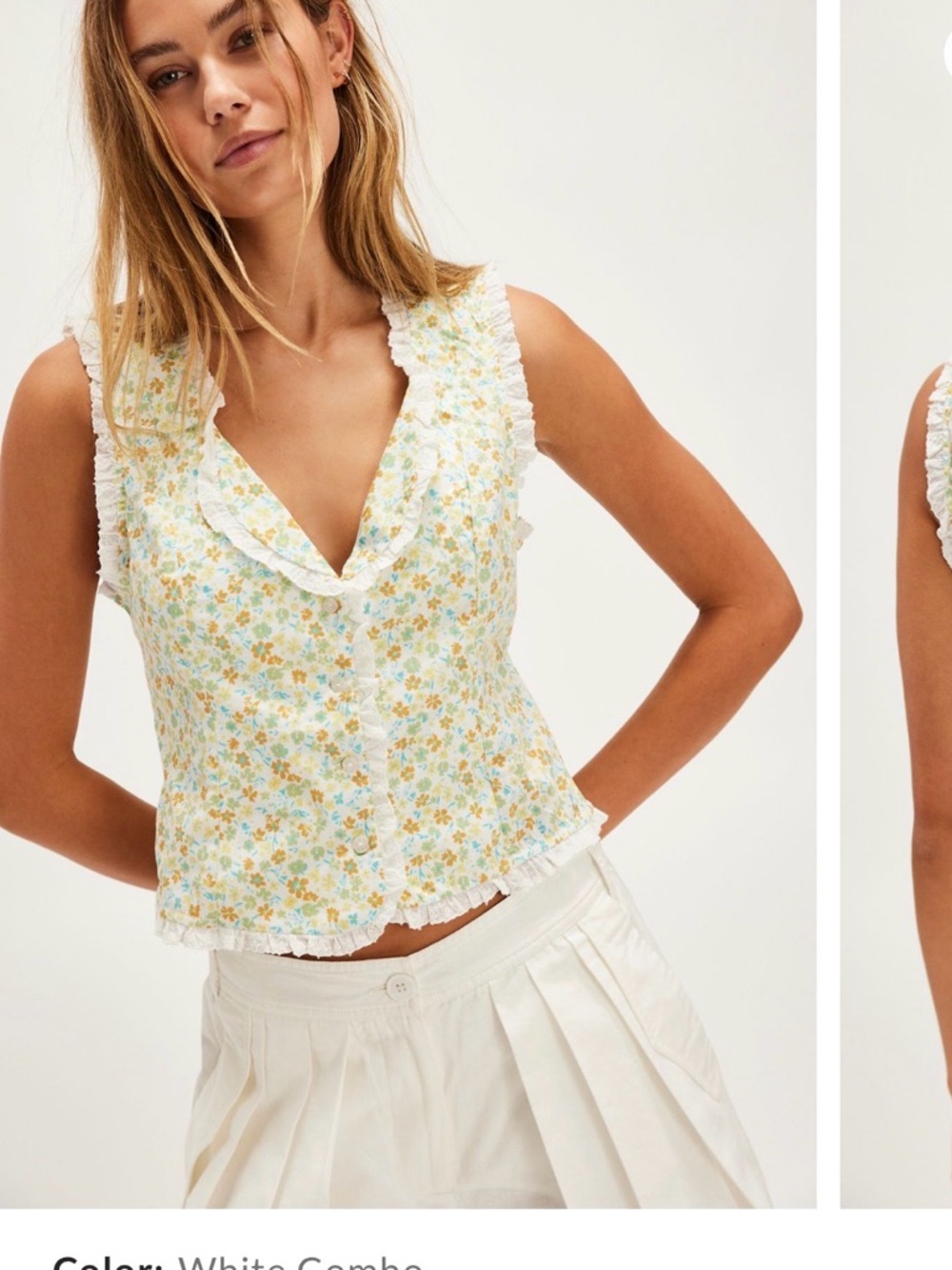 Free People White Floral Ruffle Vest Top